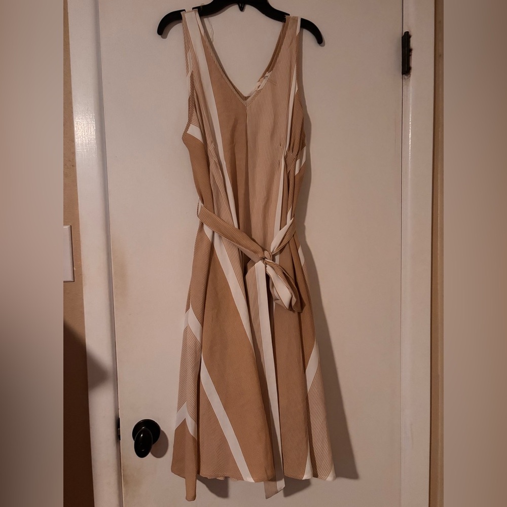 NWOT Entro Tan and White Striped Tie Waist Dress